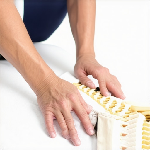 Advanced spinal mobilization technique in chiropractic care Chiropractor applying gentle mobilization to patient's spine with focus on hands and spinal segments.