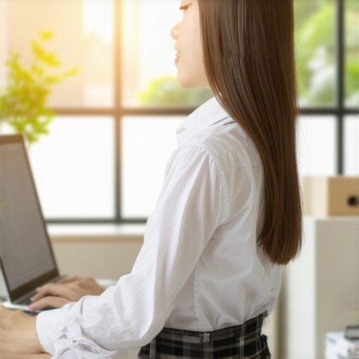 Ergonomic Workspace for Back Health Person maintaining proper ergonomic posture at desk to prevent back pain.