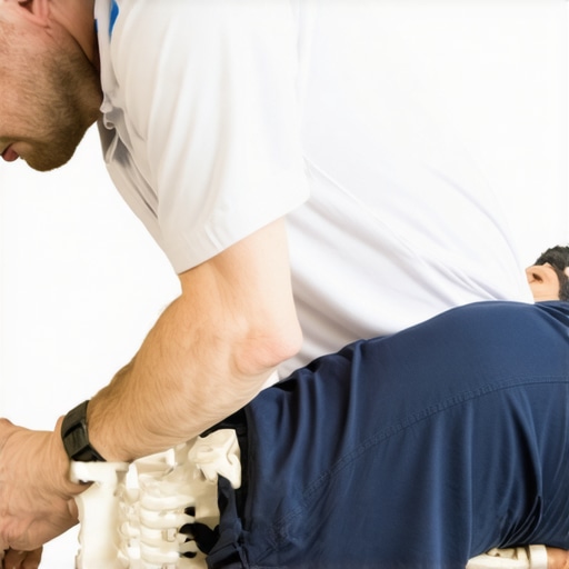 Chiropractor performing spinal adjustment on athlete in clinic.