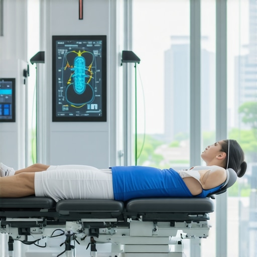 Future of Athletic Spinal Care High-tech sports rehabilitation clinic with advanced biomechanical tools and a patient undergoing personalized spinal adjustment.