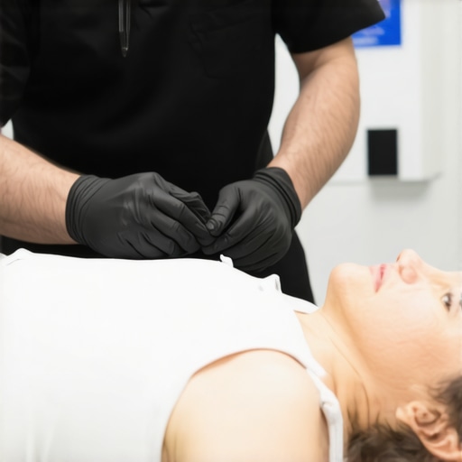 Chiropractic adjustment being performed using advanced equipment in a modern clinic.