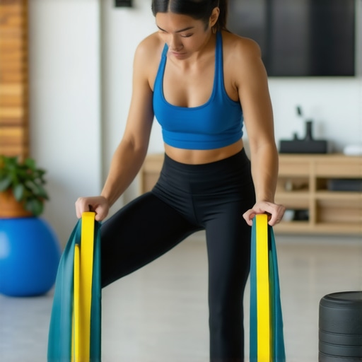 Individual utilizing resistance bands and foam roller for back pain prevention and recovery.