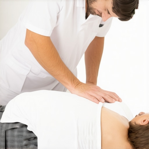 Chiropractor performing a spinal adjustment on a patient lying on the table.
