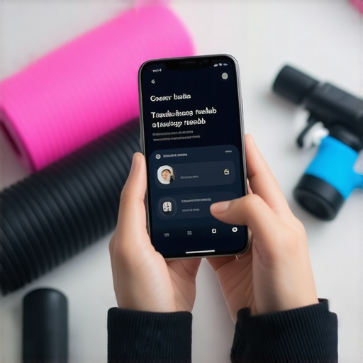 Person monitoring sports rehab progress on smartphone with therapy equipment nearby