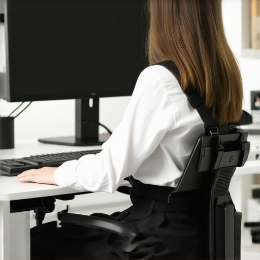 Person demonstrating use of ergonomic and posture correction tools at workspace.