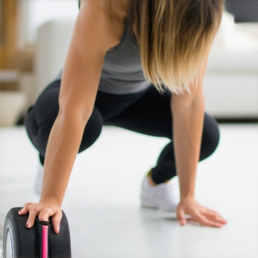 Individual performing back stretches with foam roller and resistance bands in a home gym setting.