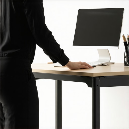 Person adjusting a sit-stand desk with ergonomic accessories to support back health.