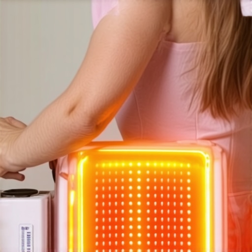 Person applying infrared heat therapy to back with heating pad