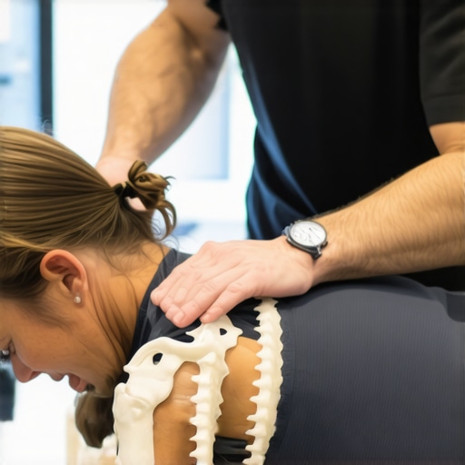 Chiropractor carefully adjusting a patient's spine during therapy session.