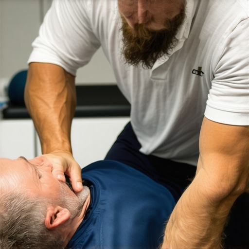 Expert spinal adjustment in sports rehab Chiropractor performing a controlled spinal adjustment on an athlete in a modern clinic environment