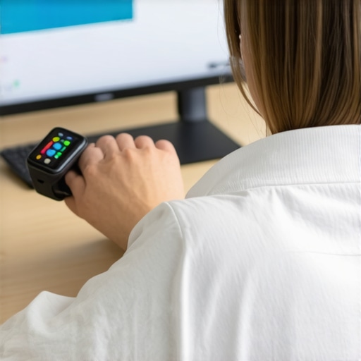 Individual reviewing their smartwatch data for back health during work.