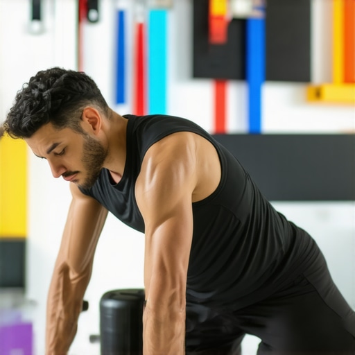 Tools for Long-Term Rehab Maintenance Individual using foam roller and resistance bands alongside an app for sports rehab.
