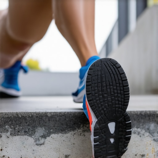 Runner doing heel drops on a stair for Achilles rehab.