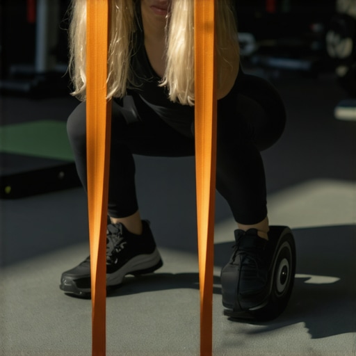 Individual performing mobility exercises with foam roller and resistance bands to maintain back health.