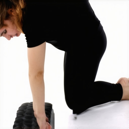 Individual rolling their back with a foam roller in a gym setting