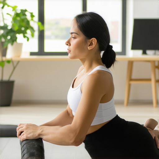 Person doing foam rolling and stretching to improve thoracic mobility.