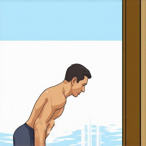 Person entering a cold plunge pool with correct posture, emphasizing core activation and gradual entry.