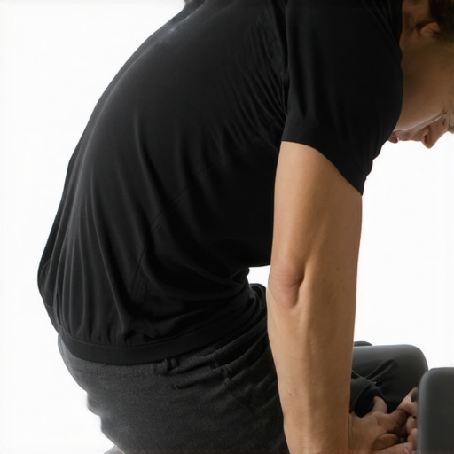 Individual rolling their lower back with a textured foam roller in a bright gym environment.