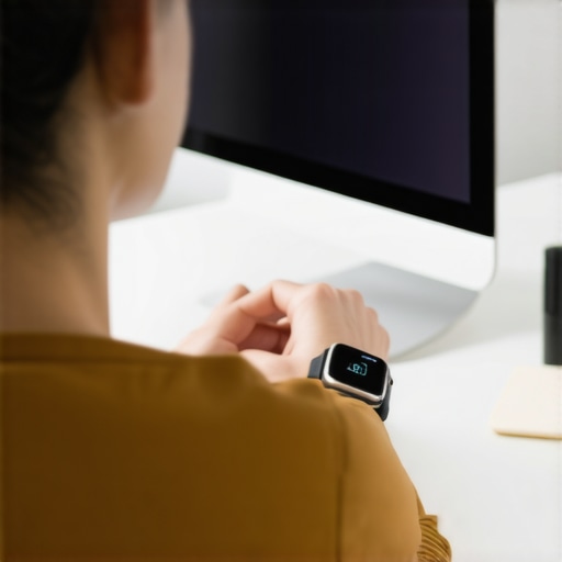 Individual checking smartwatch data related to posture and movement at a desk.