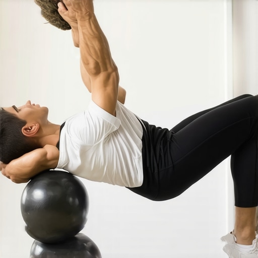 Individual performing foam rolling and mobility ball exercises for back health.