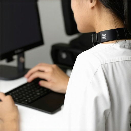 Person wearing a posture sensor for back health monitoring.