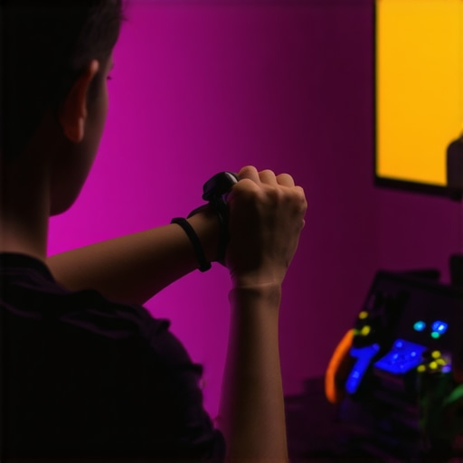 Gamer performing forearm stretch with resistance band in gaming environment