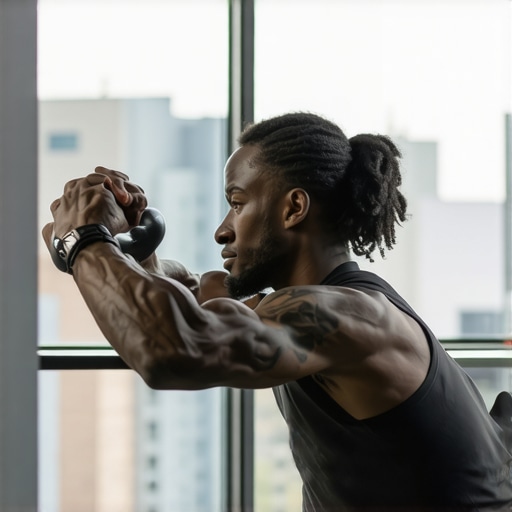 Person demonstrating correct kettlebell hip hinge form in front of a mirror