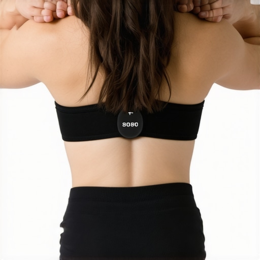 Person wearing a posture sensor belt while performing mobility exercises, highlighting technology aiding back maintenance.