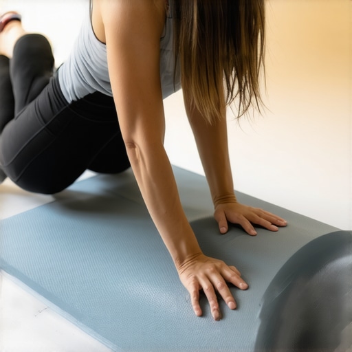 Person rolling back using foam roller and balancing on a pad in a gym setting
