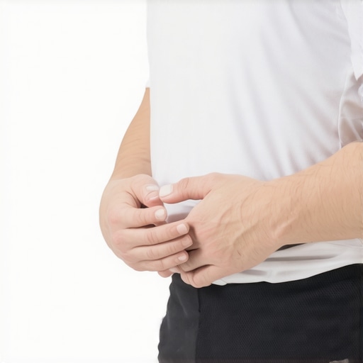 Person demonstrating proper belly breathing with hand on abdomen