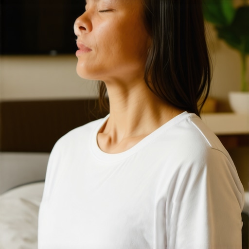 Individual lying down and practicing deep belly breaths to relieve back tension.