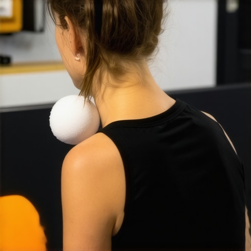 Individual applying lacrosse ball to upper back near shoulder blade with foam roller in background.
