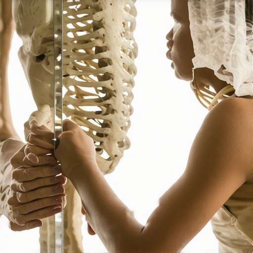 Person checking rib protrusion in mirror for rib flare observation.