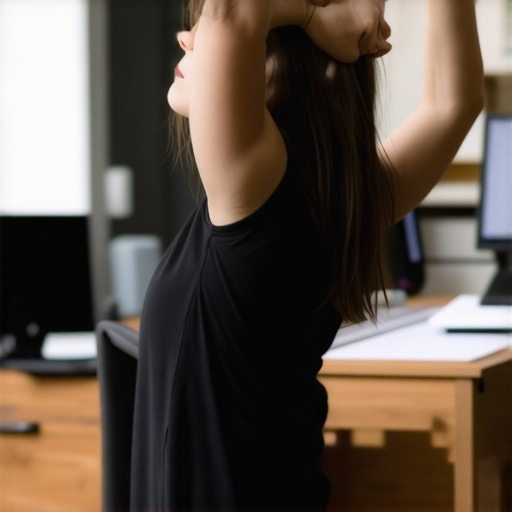 Person demonstrating shoulder and posture reset exercises in an office environment