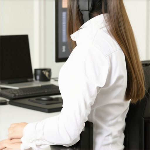 Person wearing a posture monitor while seated at an ergonomic desk setup.