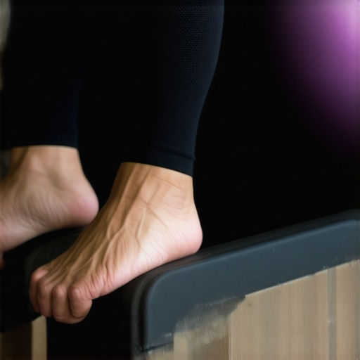 Person rolling their calves and balancing on a wobble board to improve ankle flexibility