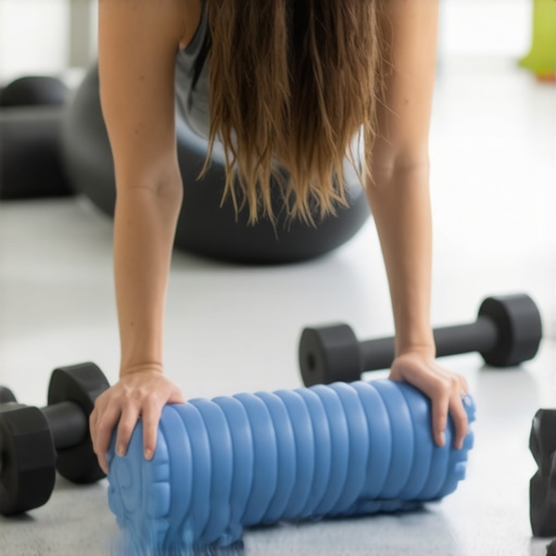 Person rolling their back with a foam roller in a home gym