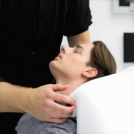 Chiropractor adjusting neck vertebrae of a patient in a clinical setting.