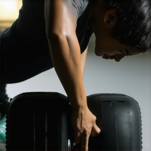 Person rolling their lower back with a textured foam roller in a gym