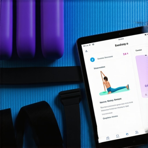 Effective tools for long-term back health and rehab Foam roller and resistance bands with a tablet showing rehab progress