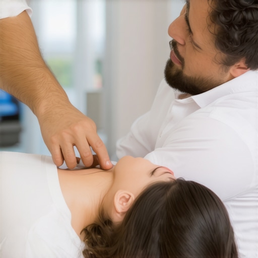 Chiropractor adjusting patient's spine in a treatment room.