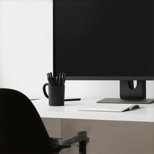 A well-arranged ergonomic workspace showing correct chair height, monitor placement, and desk positioning for spine support.
