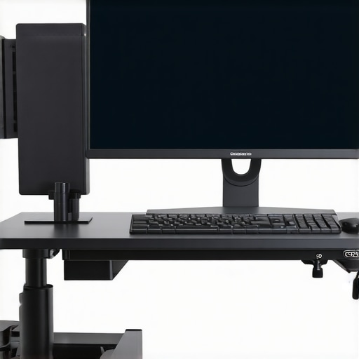 Modern ergonomic workspace promoting back health A person working at an adjustable standing desk with posture tracking