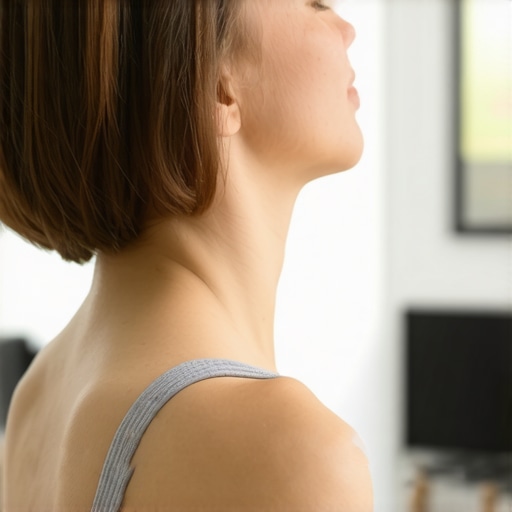 Person gently tilting head during nerve glide exercise to relieve neck tension