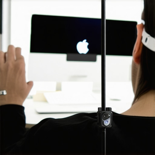 Posture Monitoring Device in Use Person wearing a posture sensor device at a desk for back health
