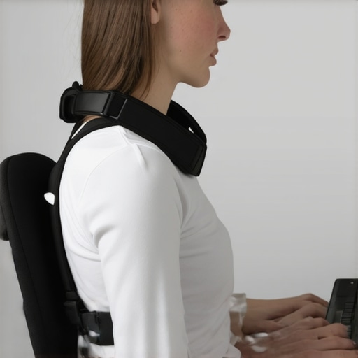 Person wearing a posture correction wearable device while working at a computer