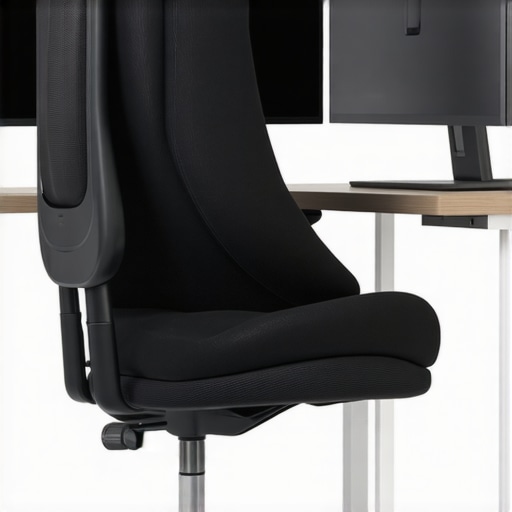 Ergonomic desk with adjustable chair, monitor at eye level, and foot support, promoting proper posture