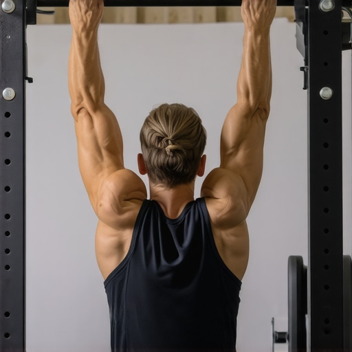 Close-up of hands gripping a pull-up bar with correct wrist and shoulder posture for pain-free exercise.