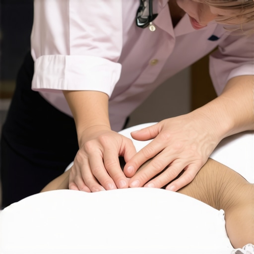 Chiropractor adjusting a patient's first rib in a clinical setting