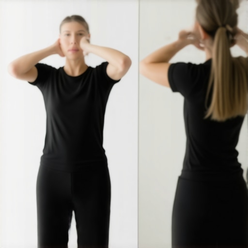 Individual doing shoulder blade squeezing exercise in front of mirror for posture correction